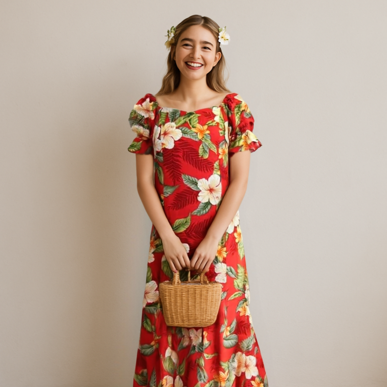 Red Hawaiian Long Dress in White Hibiscus Print L Red Hawaiian Long Dress in White Hibiscus Print L