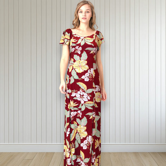 Red Hibiscus Flare Sleeve Rayon Dress