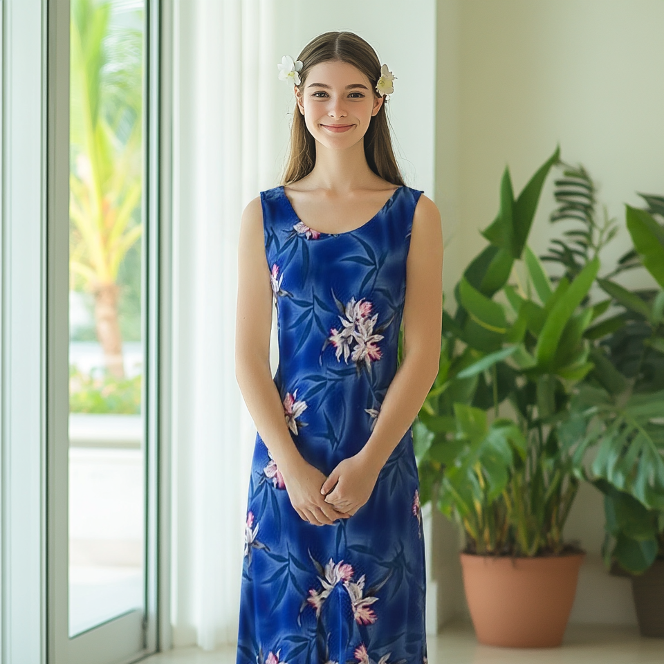 Royal Blue Orchid Print Elegant Dress M Royal Blue Orchid Print Elegant Dress M