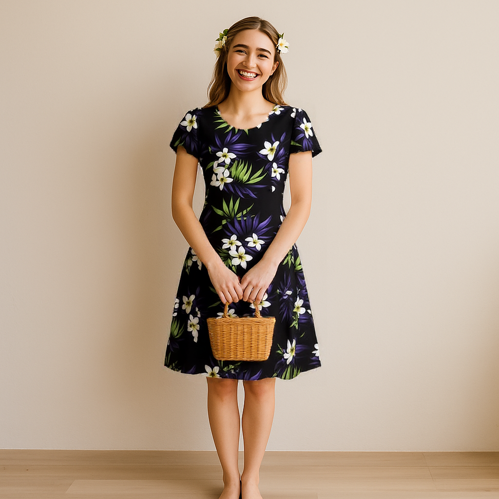 Short Sleeve Flare Hawaiian Long Dress, Black M Short Sleeve Flare Hawaiian Long Dress, Black M