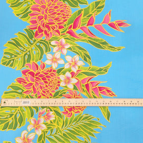 Turquoise Hawaiian Fabric with Floral Print, Half-Printed Design - 0