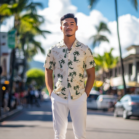Ukulele Vintage Inspired Rayon Hawaiian Shirt  WhiteGreen