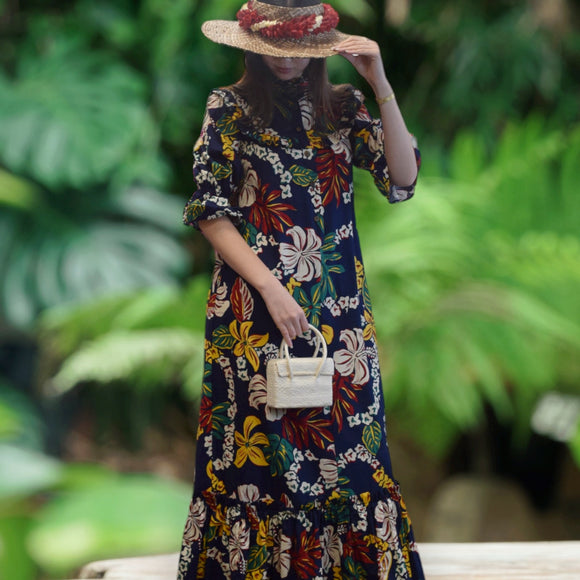 Vintage Inspired Hibiscus Print High Neck Muumuu-Dark Navy 8221