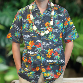Vintage Print Hawaiian Shirts Hibiscus , Palm Tree , Pineapple - Black - 0