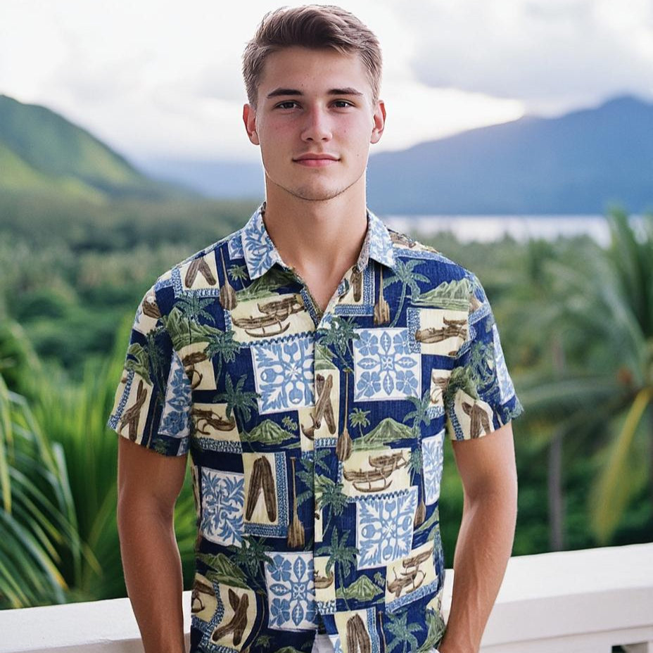 Vintage Style Canoe Blue Hawaiian Shirt XL