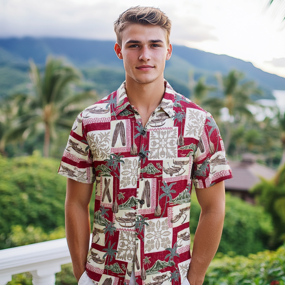 Vintage Style Canoe Red Hawaiian Shirt