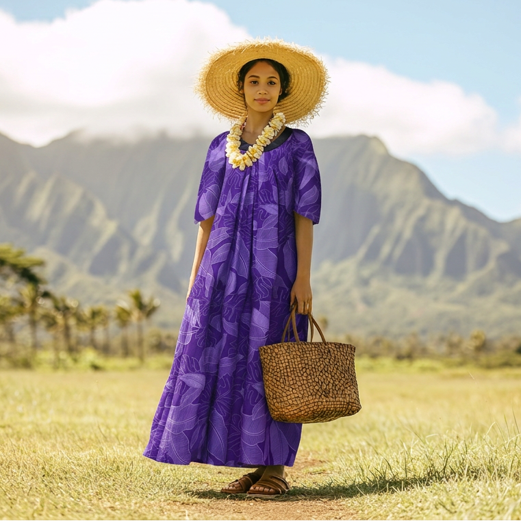 open lace back dress Violet Banana Leaf Muumuu Dress with Black Collar / MR144