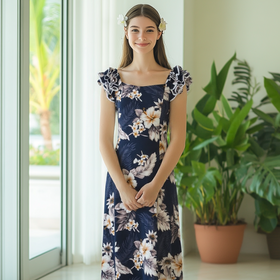 Buy navy Hibiscus and Palm Tree Family Matching Gorgeous Ruffle Hawaiian Dress