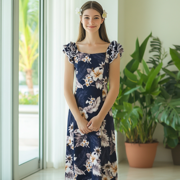 Pastel Blue Hibiscus Print Ruffle Sleeve Dress