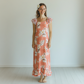 Peach Color Hibiscus Print Ruffle Sleeve Dress