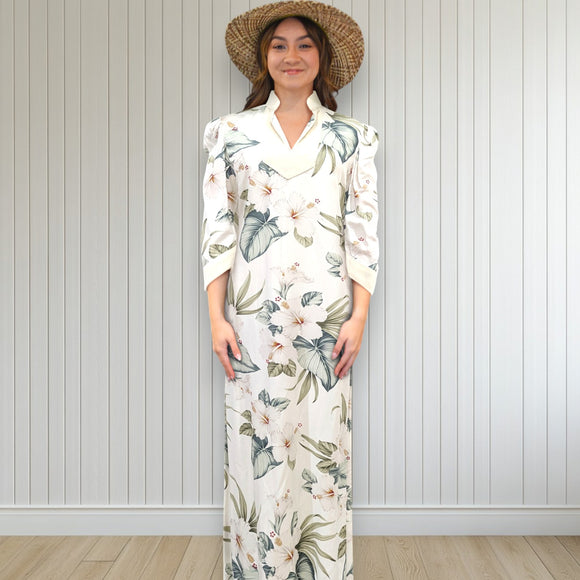 White Velvet Trim Mandarin Collar Hibiscus Dress