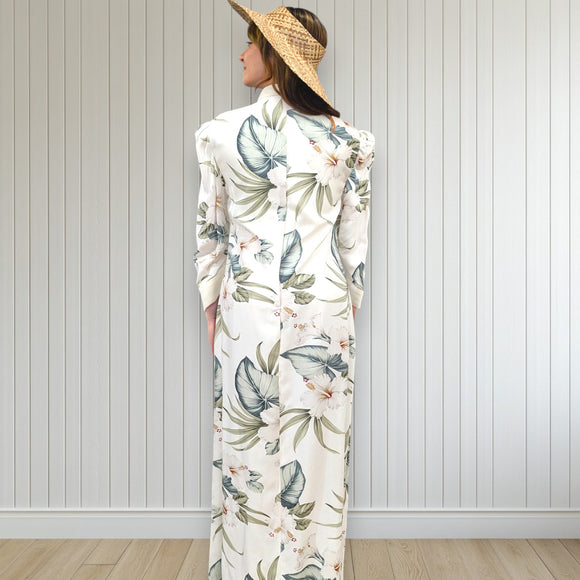 White Velvet Trim Mandarin Collar Hibiscus Dress