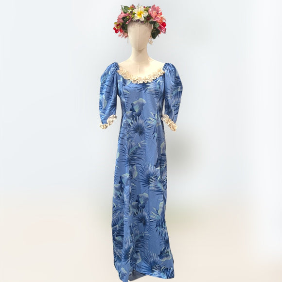 Blue Hawaiian Puff Sleeve Long Dress – White Ruffle Trim, 100% Cotton