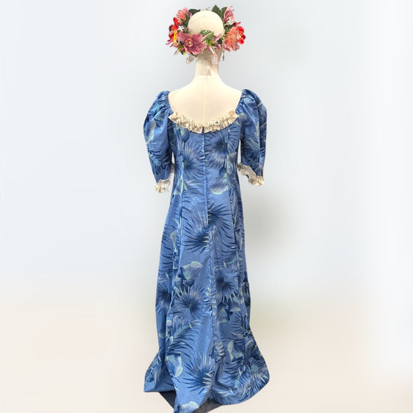 Blue Hawaiian Puff Sleeve Long Dress – White Ruffle Trim, 100% Cotton