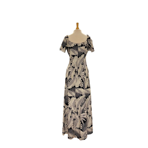 Flare Sleeve  Hawaiian plants Print Rayon Dress - Navy