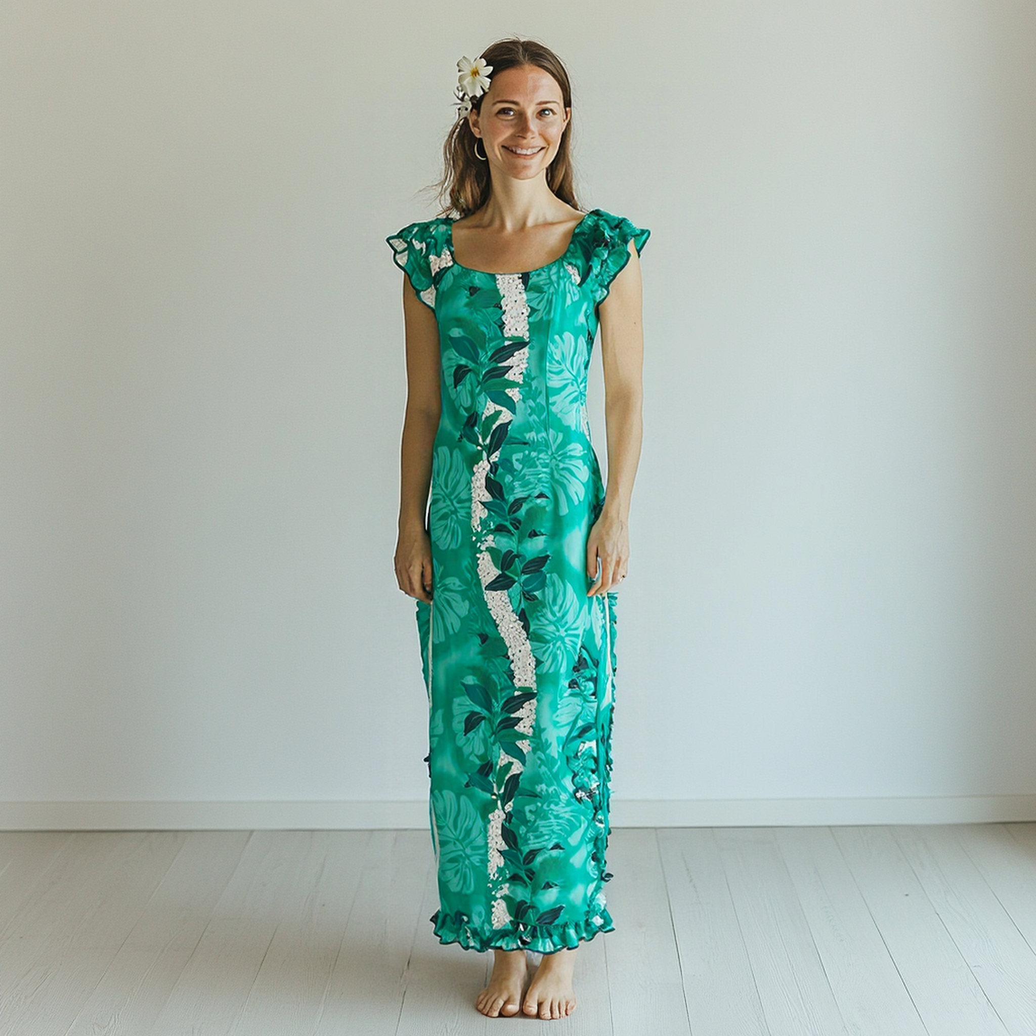 Straight Column Hawaiian Dress with Green Lei Print S
