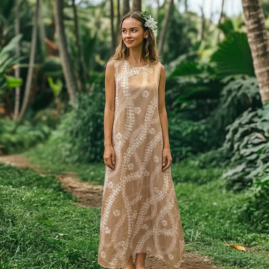 A-Line 2-Way Neck Hawaiian Palaka Print Lei Print Resort Dress Sand | Muumuu Mall by Muumuu Rainbow A-Line 2-Way Neck Hawaiian Palaka Print Lei Print Resort Dress Sand | Muumuu Mall by Muumuu Rainbow