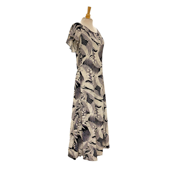 Flare Sleeve  Hawaiian plants Print Rayon Dress - Navy