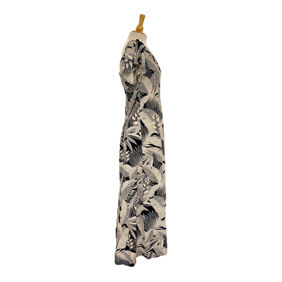 Flare Sleeve  Hawaiian plants Print Rayon Dress - Navy
