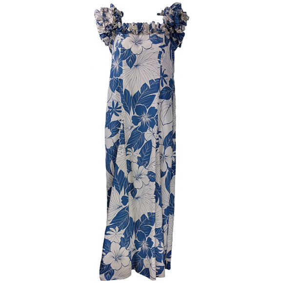 Hawaiian Muumuu Dress Cream Blue Hibiscus