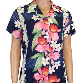 Women's Orchid Panel Navy Hawaiian Shirt - 0