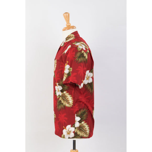 Hibiscus and Palm Tree Cotton Aloha Shirt | Red - Muumuu Outlet