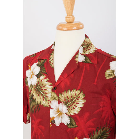 Hibiscus and Palm Tree Cotton Aloha Shirt | Red - Muumuu Outlet
