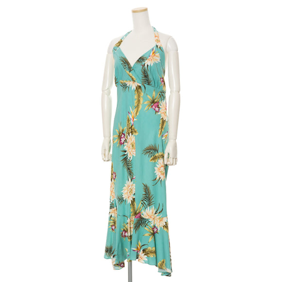 Halter Teel Green Plumeria Hawaiian Dress