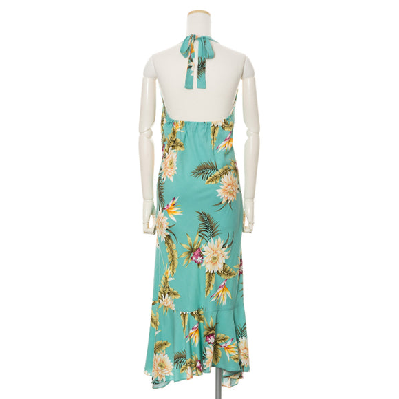 Halter Teel Green Plumeria Hawaiian Dress