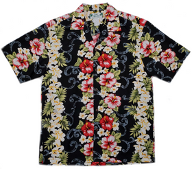 Black Hawaiian Shirt with Red Hibiscus Panel Print - 0
