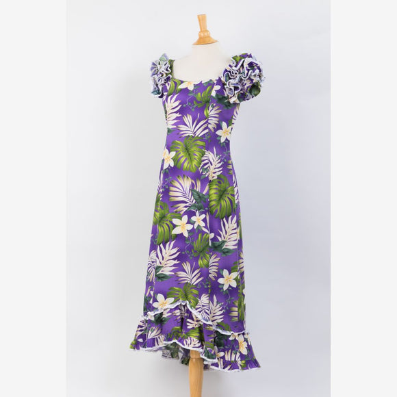 White Tiare Flower Gorgeous Ruffle Hawaiian Dress - Purple