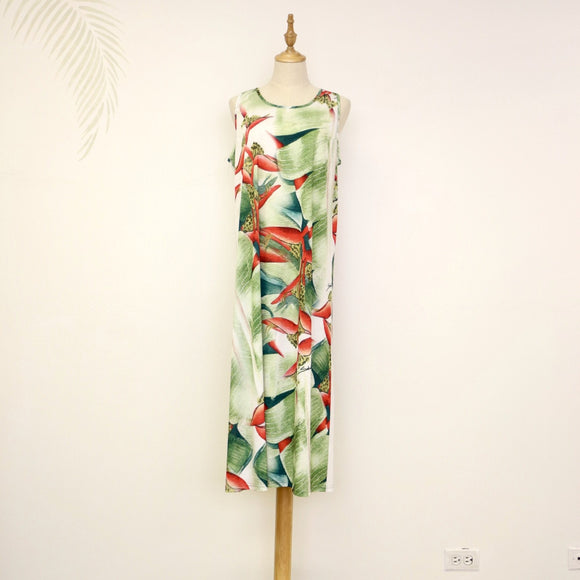 Sabado Design Sleeveless A Line Dress, Red Heliconia on Beige - Muumuu Outlet