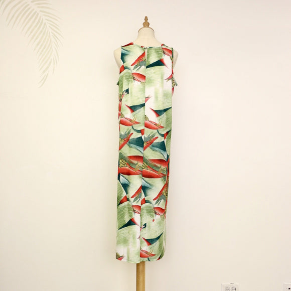 Sabado Design Sleeveless A Line Dress, Red Heliconia on Beige - Muumuu Outlet