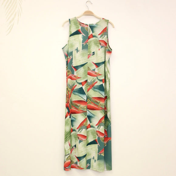 Sabado Designed Fabric Sleeveless Dress - Red Heliconia on Light Green - Muumuu Outlet