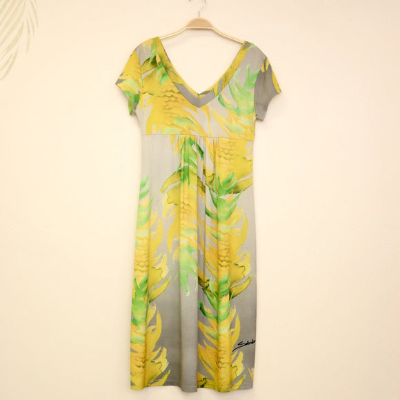 Sabado Design Short Sleeve Swing Dress, Yellow Torch Ginger on Gray - Muumuu Outlet
