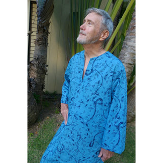 Buy blue Men&#39;s Muumuu Kaftan | Fish Hook Print | Long Shirt