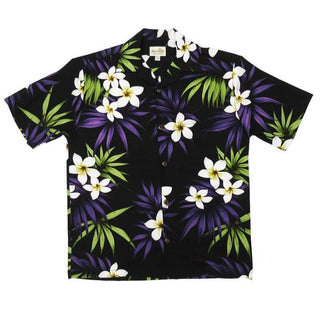 Black Plumeria Print Rayon Aloha Shirt | Black - Muumuu Outlet