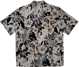 Black Hawaiian Aloha Shirt with Pineapple and Hibiscus Print - 0