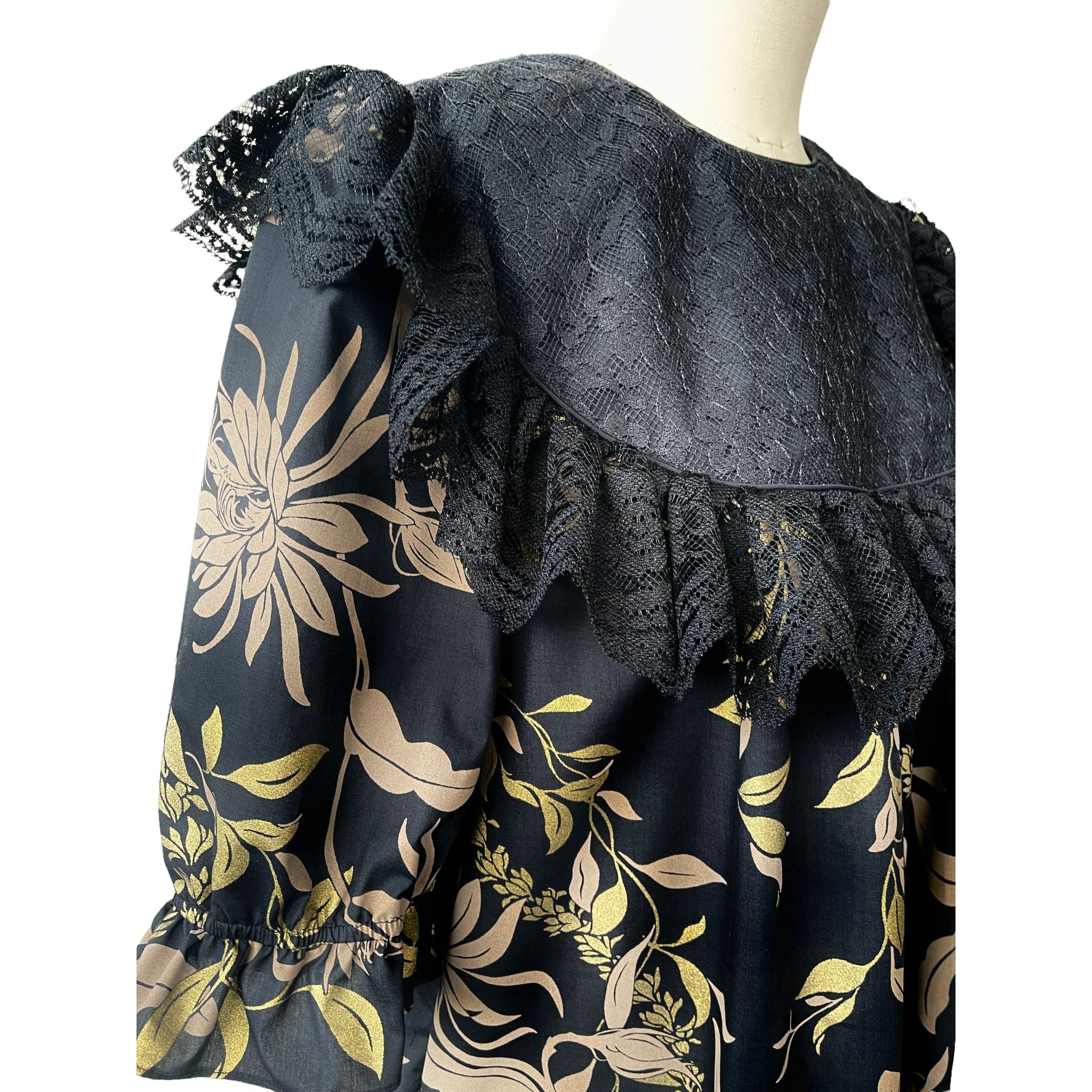 Traditional Hawaiian Black Muumuu with Gold Leaf Print 464