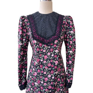 Pink Roses Black Lace Trim Vintage Style Long Sleeve Dress　6761/750