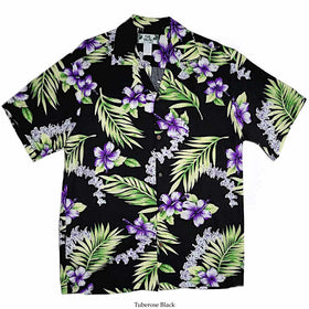 Purple Hibiscus and Tuberose Black Hawaiian Shirt for Vacation - 0