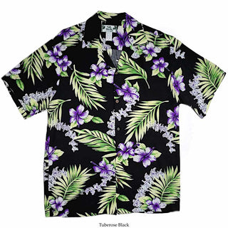 Purple Hibiscus and Tuberose Black Hawaiian Shirt for Vacation