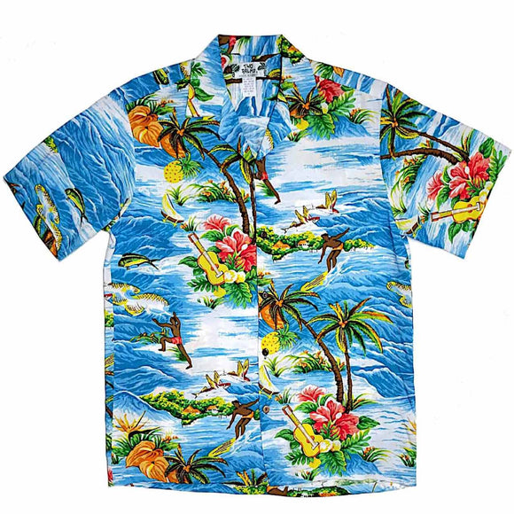 Surfing Wave and Ukulele Fun Print Aloha Shirt-Coral, Blue, Navy