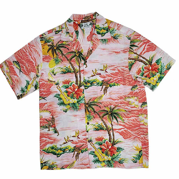Surfing Wave and Ukulele Fun Print Aloha Shirt-Coral, Blue, Navy