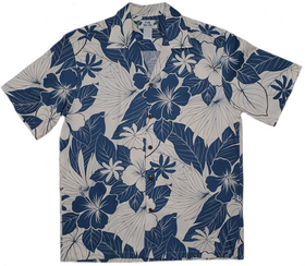 White and Blue Tiare Flower and Hibiscus Hawaiian Shirt - 0