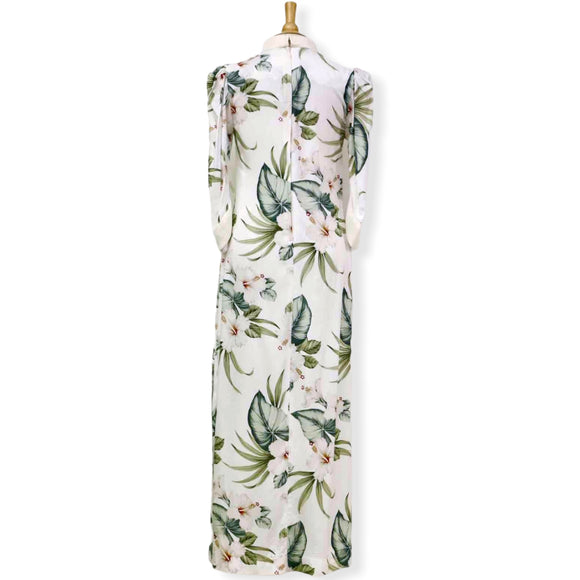 White Velvet Trim Mandarin Collar Hibiscus Dress