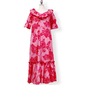 Muumuu Dress with V Neck Pink Plaid & Monstera Leaf Print 8631