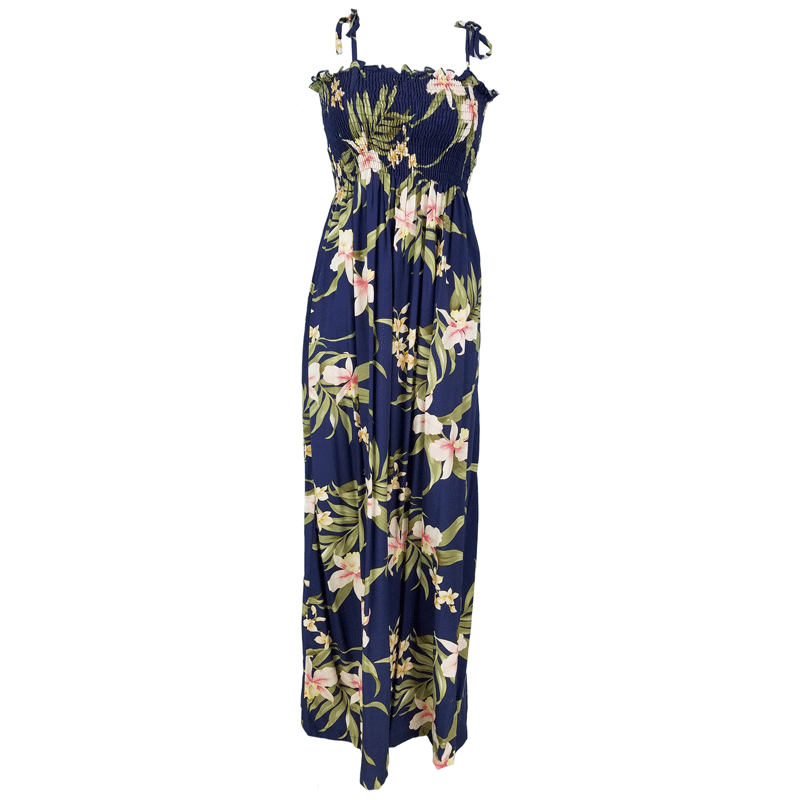 Tube Top Orchid Print One Size Dress, Navy