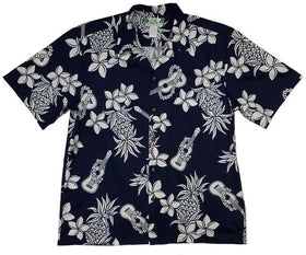Navy and White Ukulele Hawaiian Shirt - 0