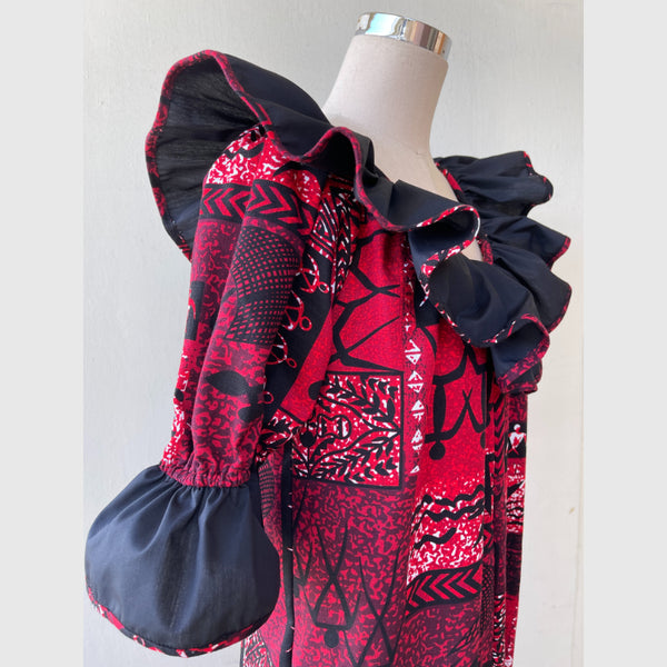 Red and Black Contrasting Polynesian Style Muumuu Dress 8631